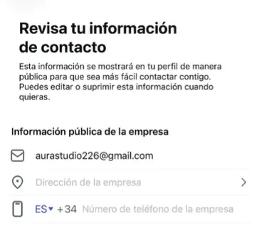 Pantalla para añadir los datos de contacto de la cuenta de empresa en Instagram