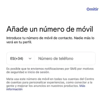 Pantalla para añadir un número de teléfono de seguridad al registrar la cuenta en Instagram