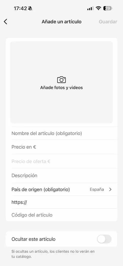 Formulario para añadir un servicio al catálogo de WhatsApp Business
