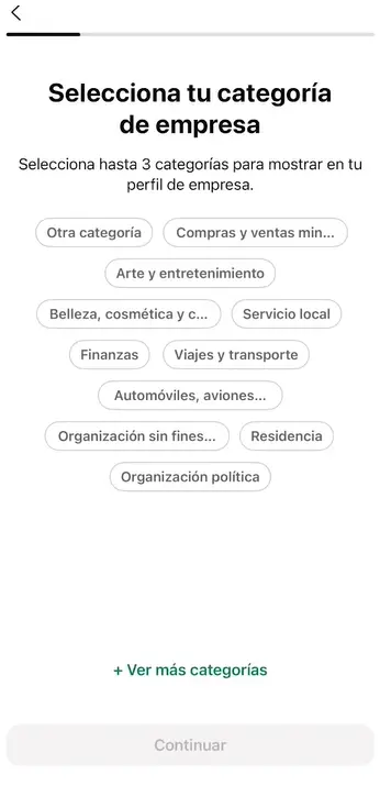 Selección de categoría de negocio al configurar el perfil de WhatsApp Business