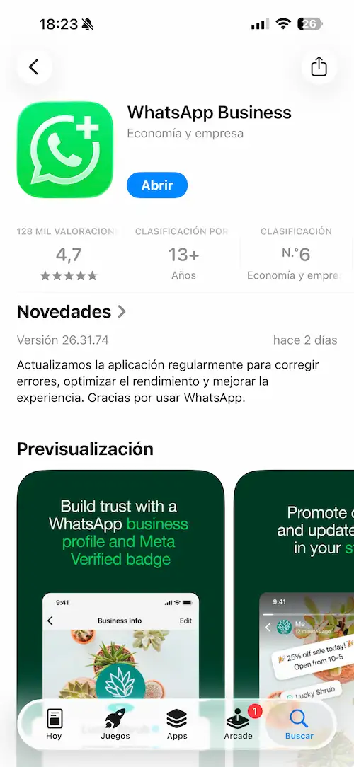Página de descarga de la app WhatsApp Business en Google Play y App Store