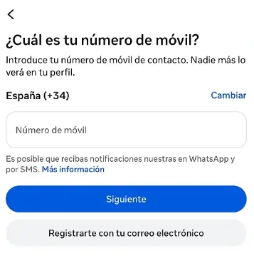 Pantalla de registro en Instagram con número de teléfono para crear la cuenta de empresa