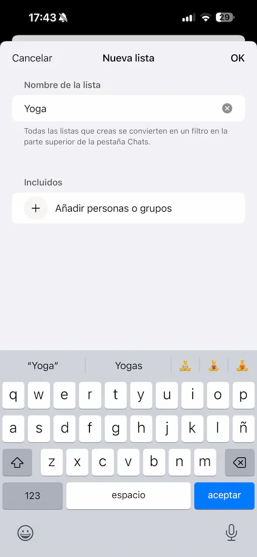 Pantalla para crear una nueva lista de conversaciones en WhatsApp Business