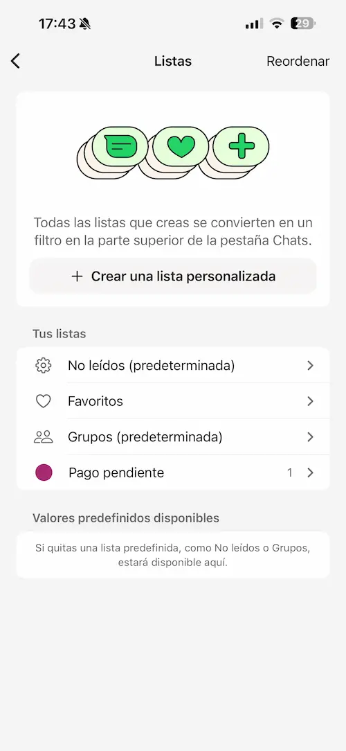 Creación de listas personalizadas para organizar chats en WhatsApp Business