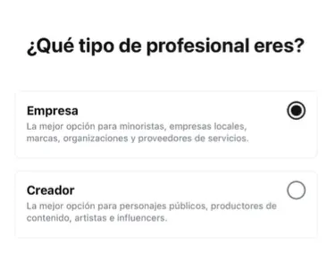 Selección entre cuenta de Empresa y cuenta de Creador al configurar el perfil profesional en Instagram