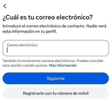 Pantalla de registro en Instagram con correo electrónico para la cuenta de empresa
