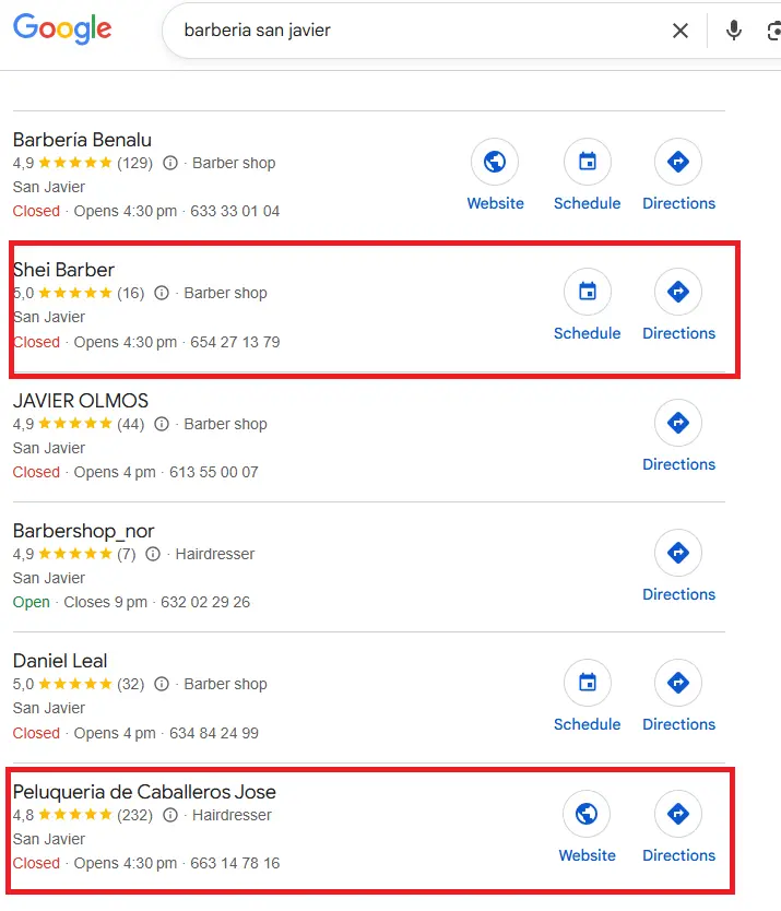 Resultados de búsqueda de "Barbería en San Javier" en Google Maps