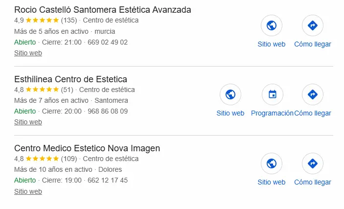 Resultados orgánicos para centro de estética en Google Maps