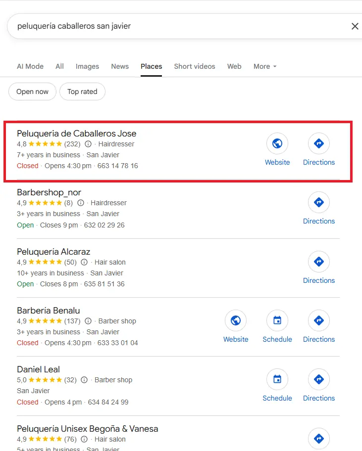 Resultados de búsqueda de "Peluquería caballeros en San Javier" en Google Maps