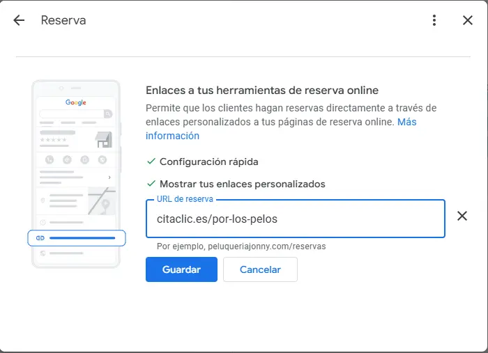 URL de reservas en Google Maps