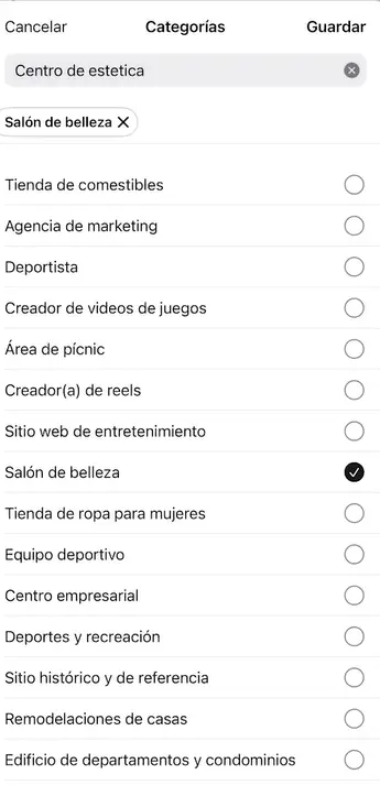 Listado completo de categorías de negocio disponibles en WhatsApp Business