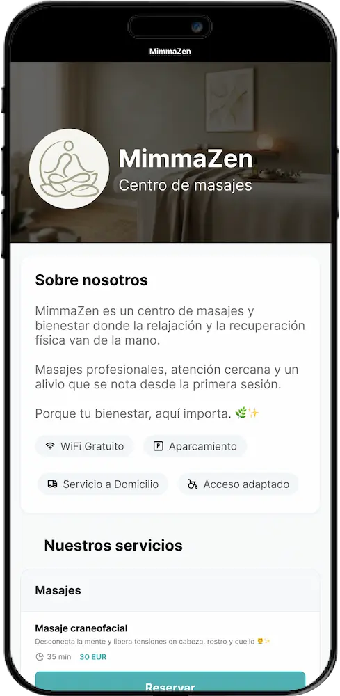 Página de reservas propia de un centro de masajes